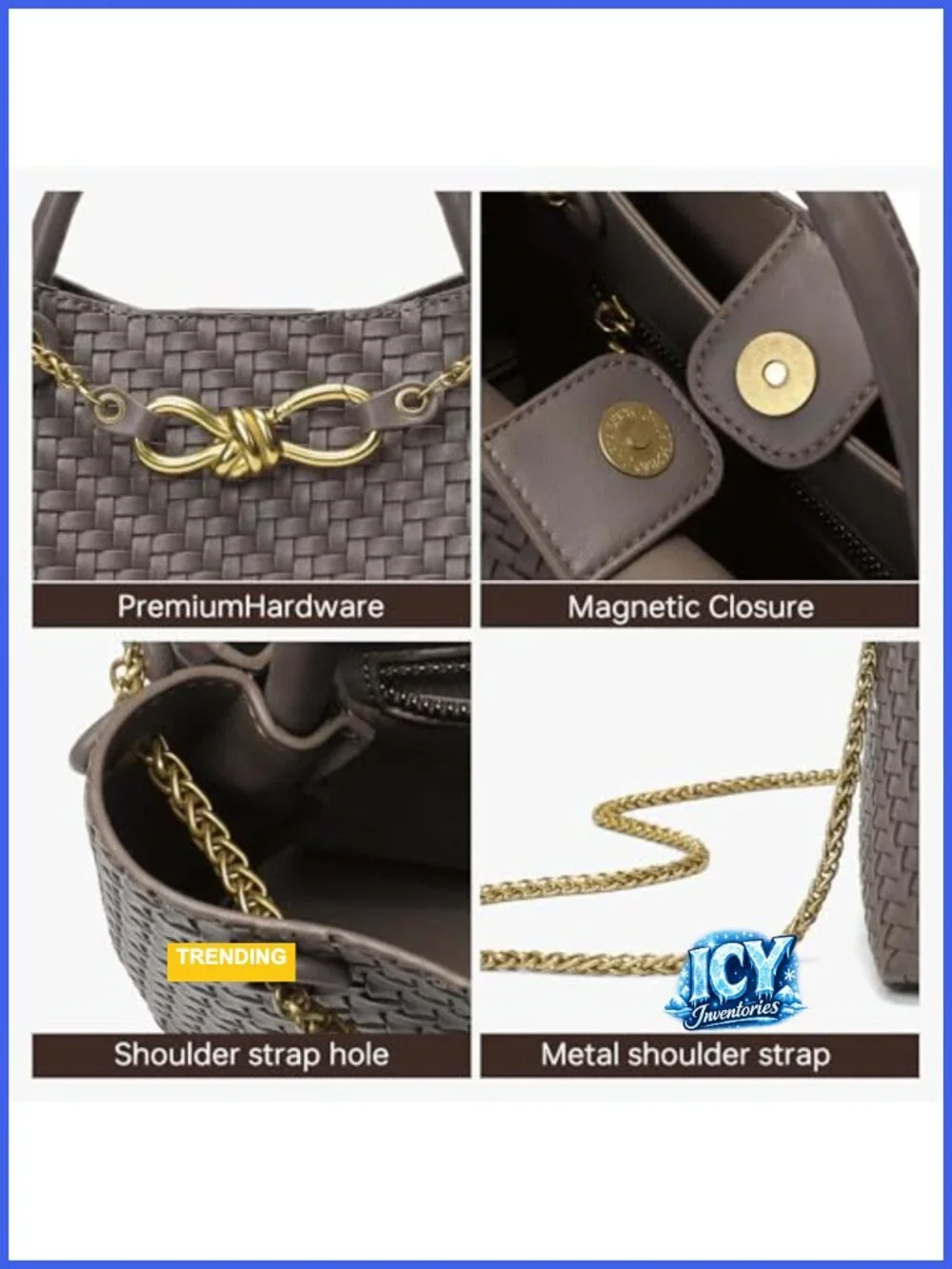 Woven Faux Leather Top Handle Purse with Adjustable Chain Strap